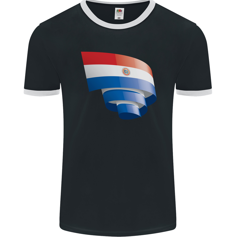 Curled Paraguay Flag Paraguayan Day Football Mens Ringer T-Shirt FotL Black/White