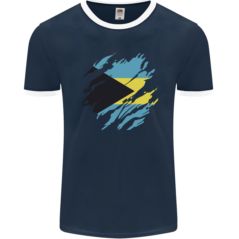 Torn Bahamas Flag Bahamians Day Football Mens Ringer T-Shirt FotL Navy Blue/White