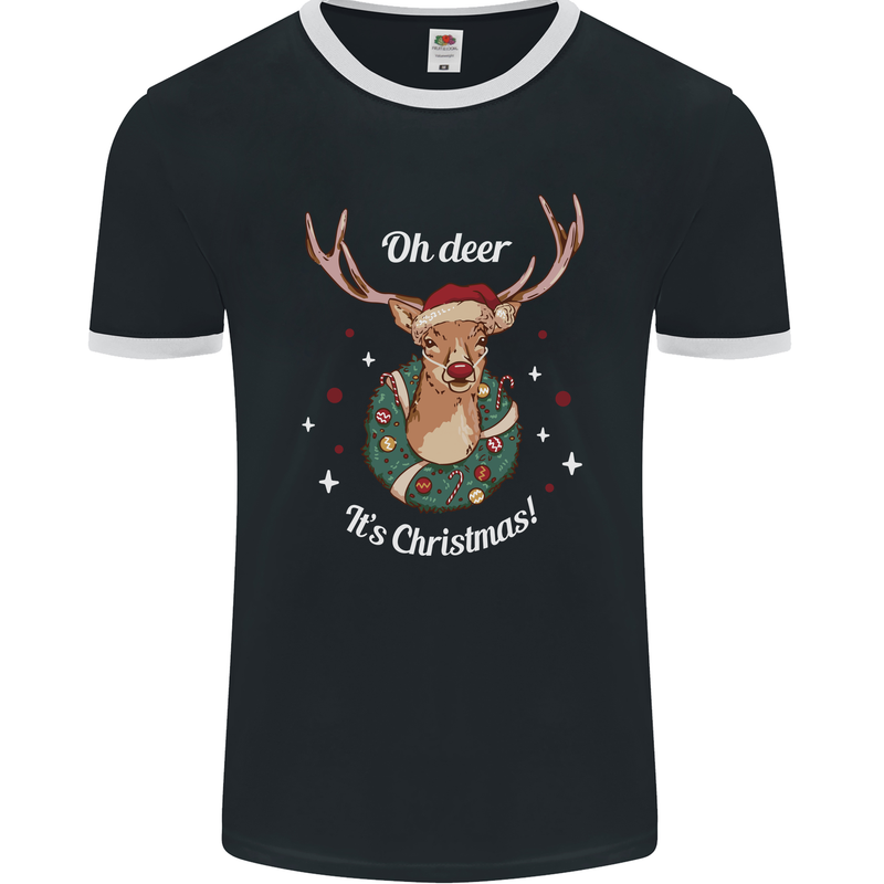 Oh Deer Its Christmas Funny Hunting Hunter Xmas Mens Ringer T-Shirt FotL Black/White