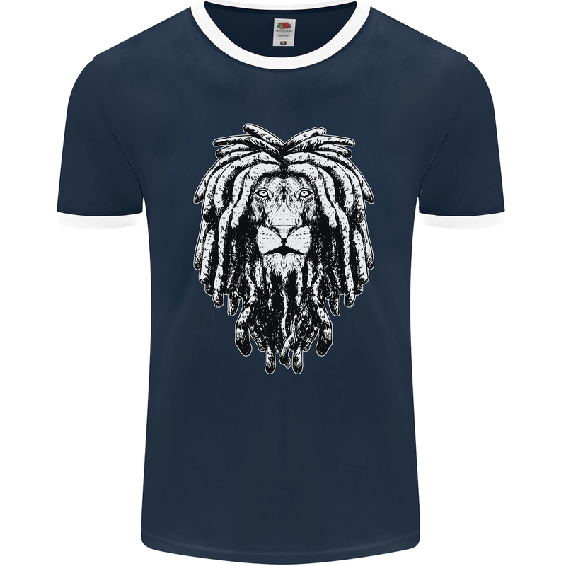 A Rasta Lion With Dreadlocks Jamaica Reggae Mens Ringer T-Shirt FotL Navy Blue/White