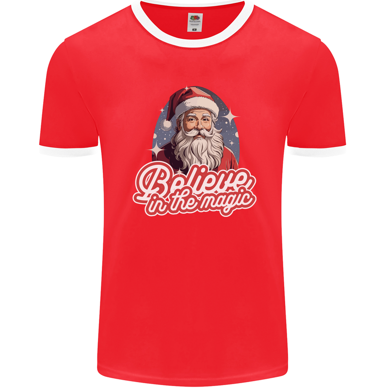 Santa Believe in the Magic Christmas Xmas Mens Ringer T-Shirt FotL Red/White