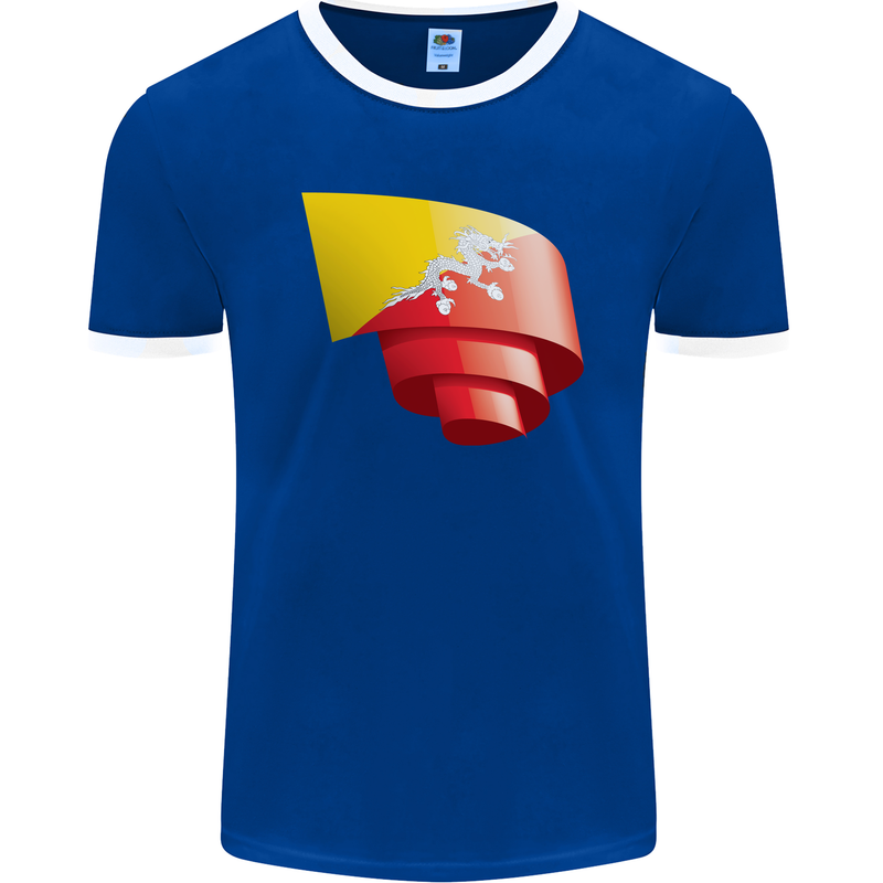 Curled Bhutan Flag Bhutanese Day Football Mens Ringer T-Shirt FotL Royal Blue/White