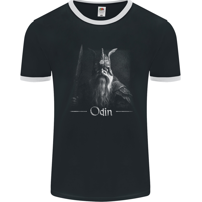 Odin With Valknut Symbol Viking Norse Warrior Mens Ringer T-Shirt FotL Black/White