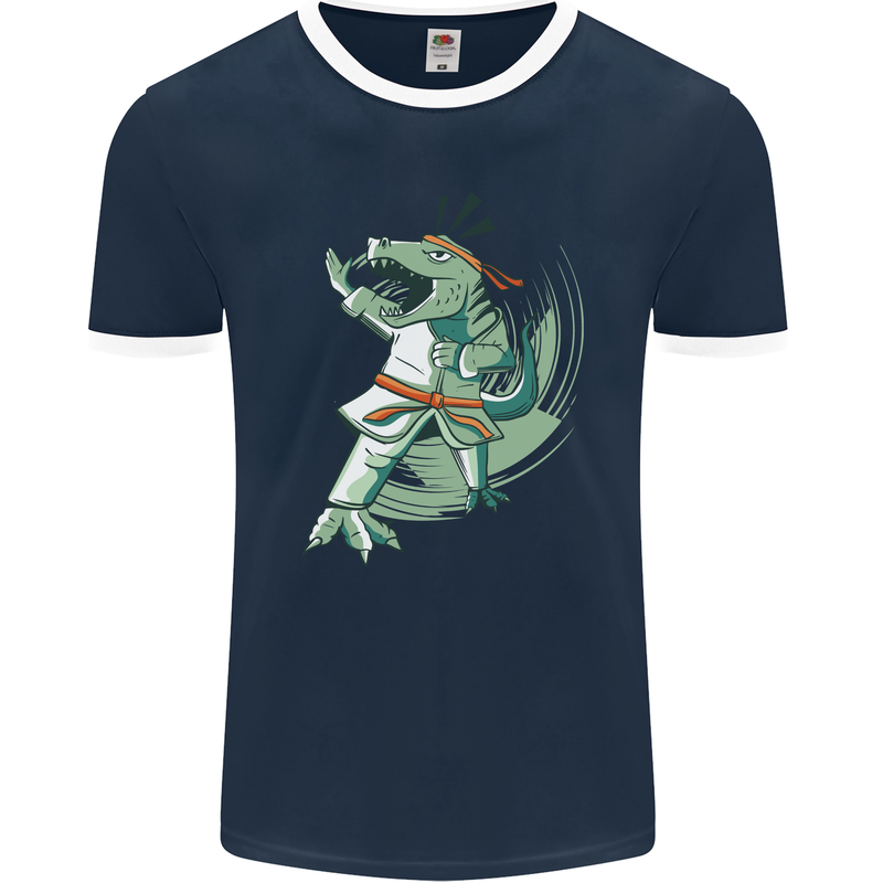 Karate T-Rex Dinosaur Mens Ringer T-Shirt FotL Navy Blue/White