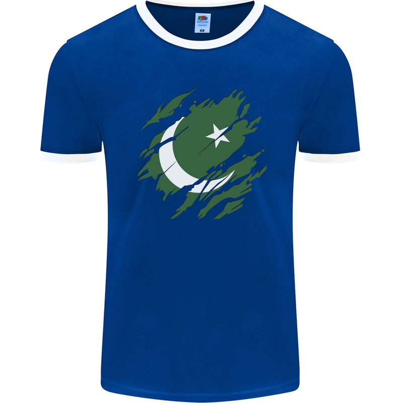 Torn Pakistan Flag Pakistani Day Football Mens Ringer T-Shirt FotL Royal Blue/White