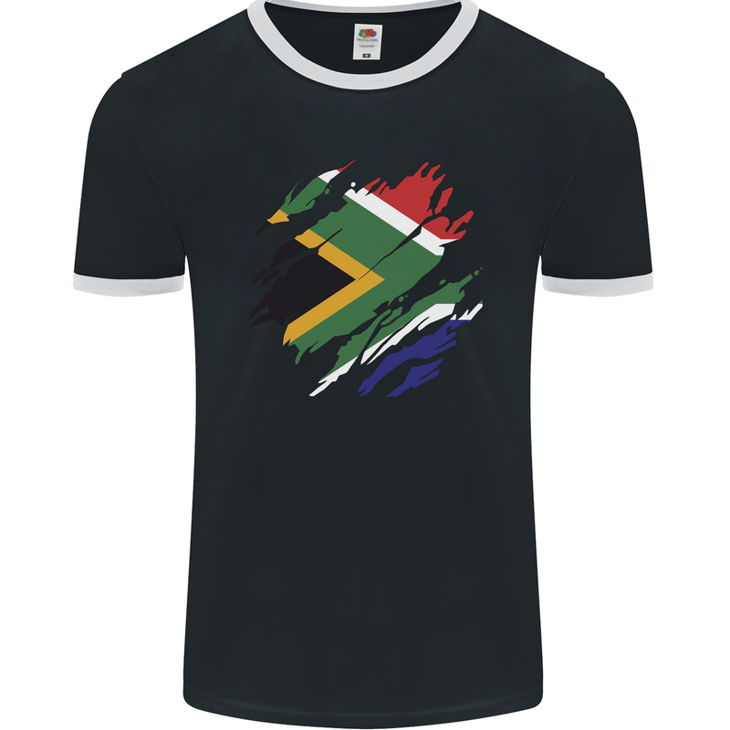 Torn South African Flag Africa Day Football Mens Ringer T-Shirt FotL Black/White