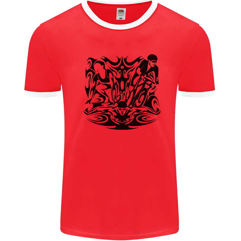 Tribal Triathlon Swimming Running Cycling Mens Ringer T-Shirt Red/White