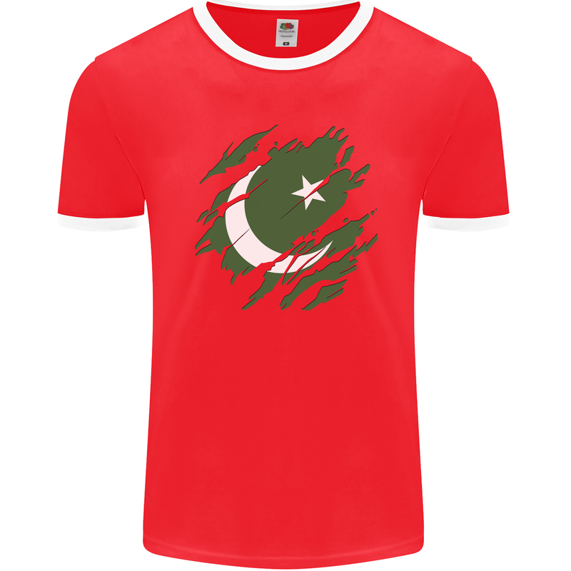 Torn Pakistan Flag Pakistani Day Football Mens Ringer T-Shirt FotL Red/White