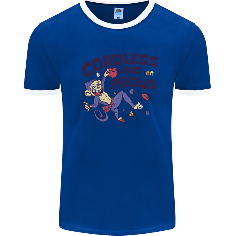 Cordless & Proud Rock Climbing Monkey Mens Ringer T-Shirt Royal Blue/White