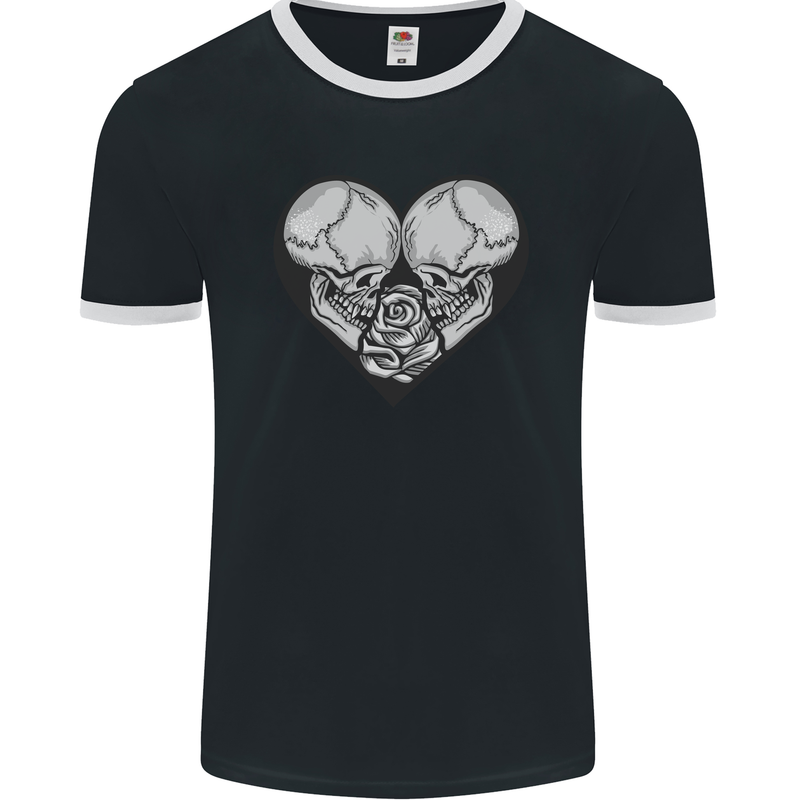 Two Skulls a Heart and Rose Gothic Goth Love Mens Ringer T-Shirt FotL Black/White