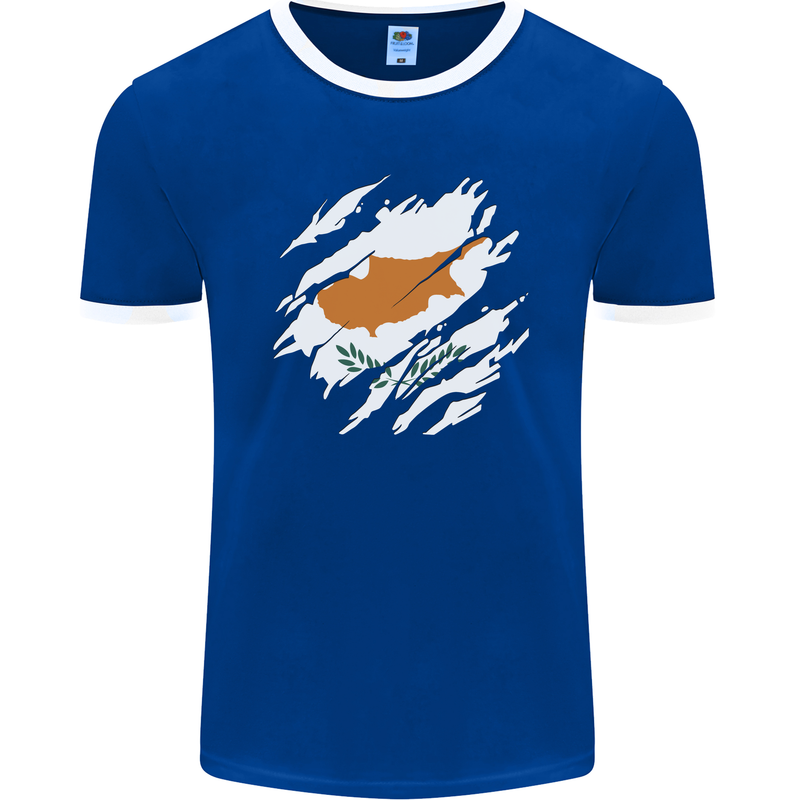 Torn Cyprus Flag Cypriot Day Football Mens Ringer T-Shirt FotL Royal Blue/White