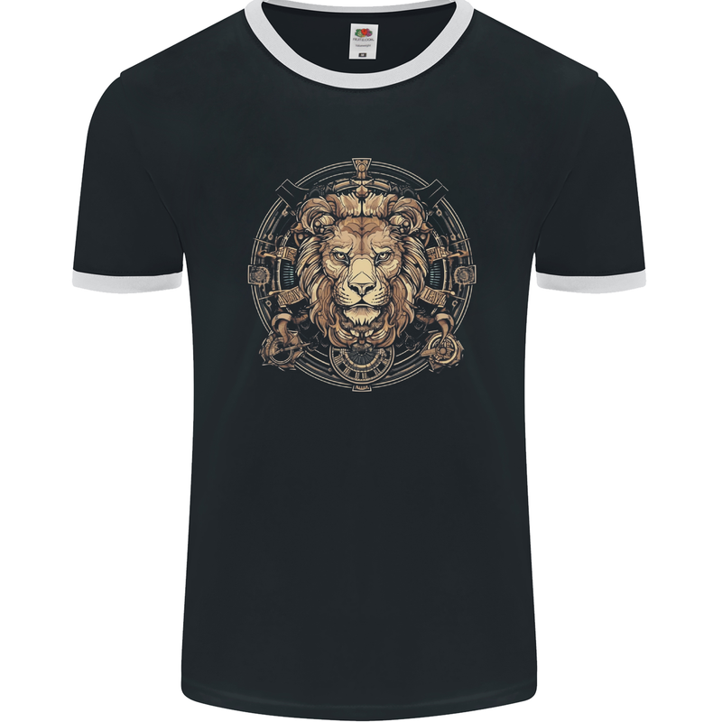 A Lions Head on a Timepiece Shield Mens Ringer T-Shirt FotL Black/White