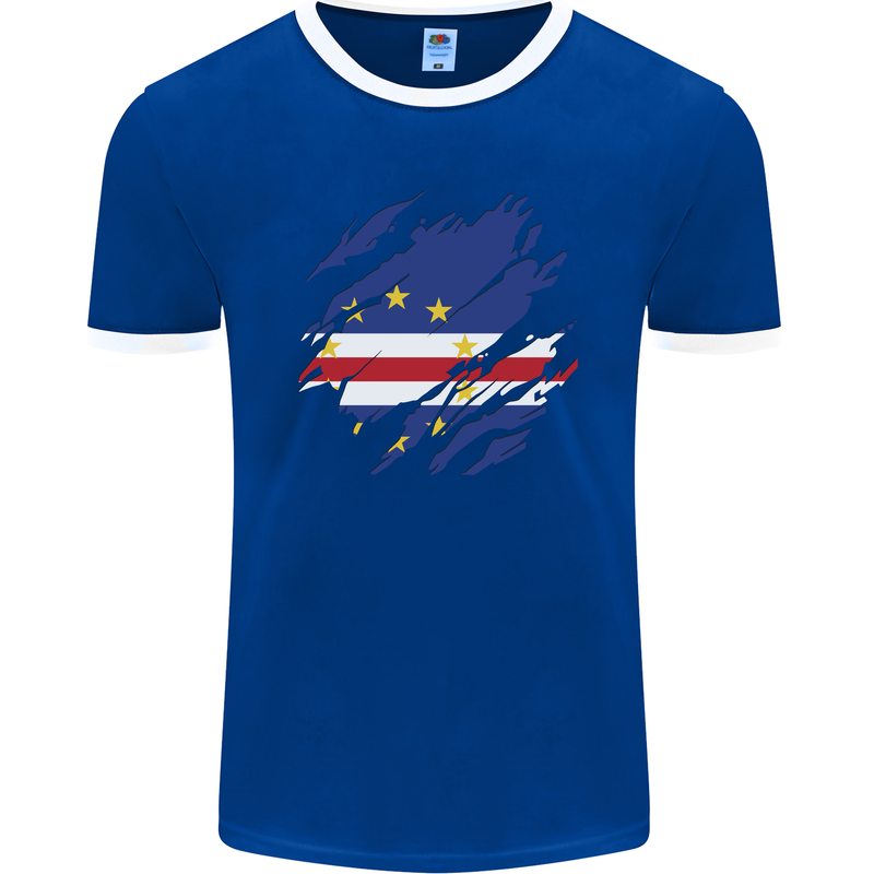 Torn Cape Verde Flag Verdean Day Football Mens Ringer T-Shirt FotL Royal Blue/White