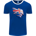 Curled British Flag Union Jack Britain Mens Ringer T-Shirt FotL Royal Blue/White