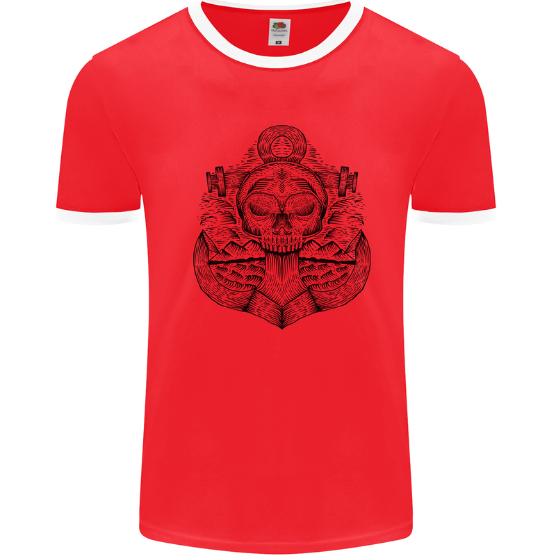 Anchor Skull Sailor Sailing Captain Pirate Ship Mens Ringer T-Shirt Red/White