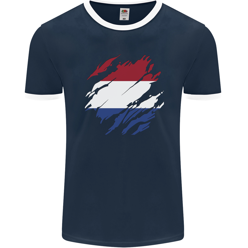 Torn Netherlands Flag Holland Dutch Day Football Mens Ringer T-Shirt FotL Navy Blue/White