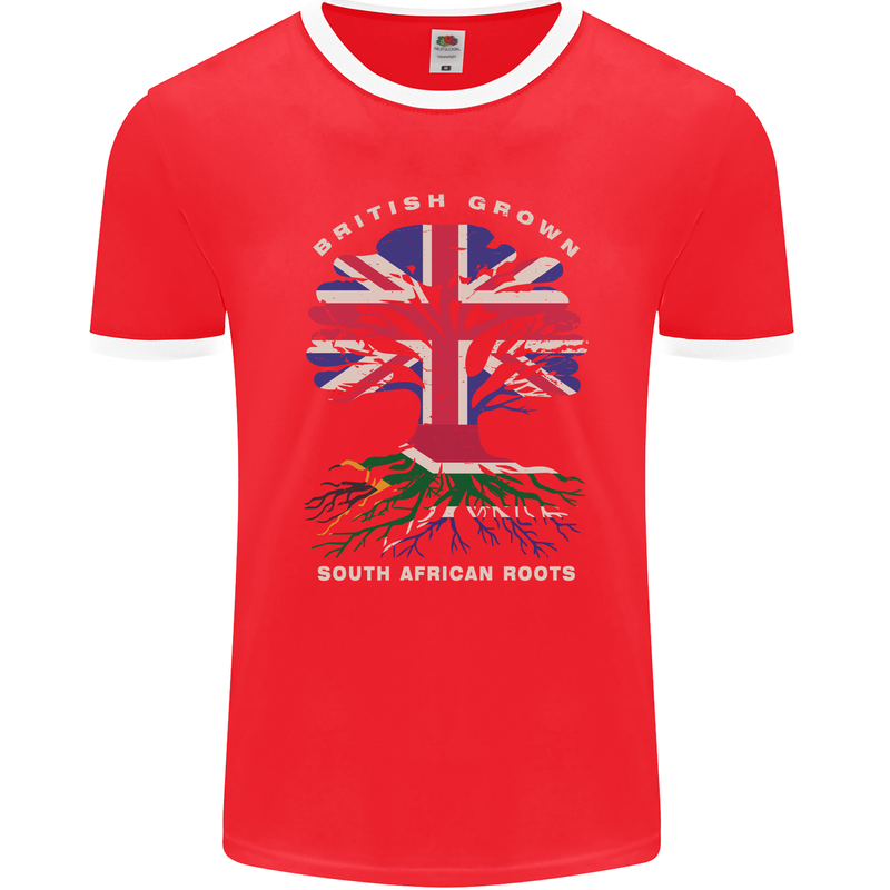 British Grown South African Roots Africa Flag Mens Ringer T-Shirt FotL Red/White