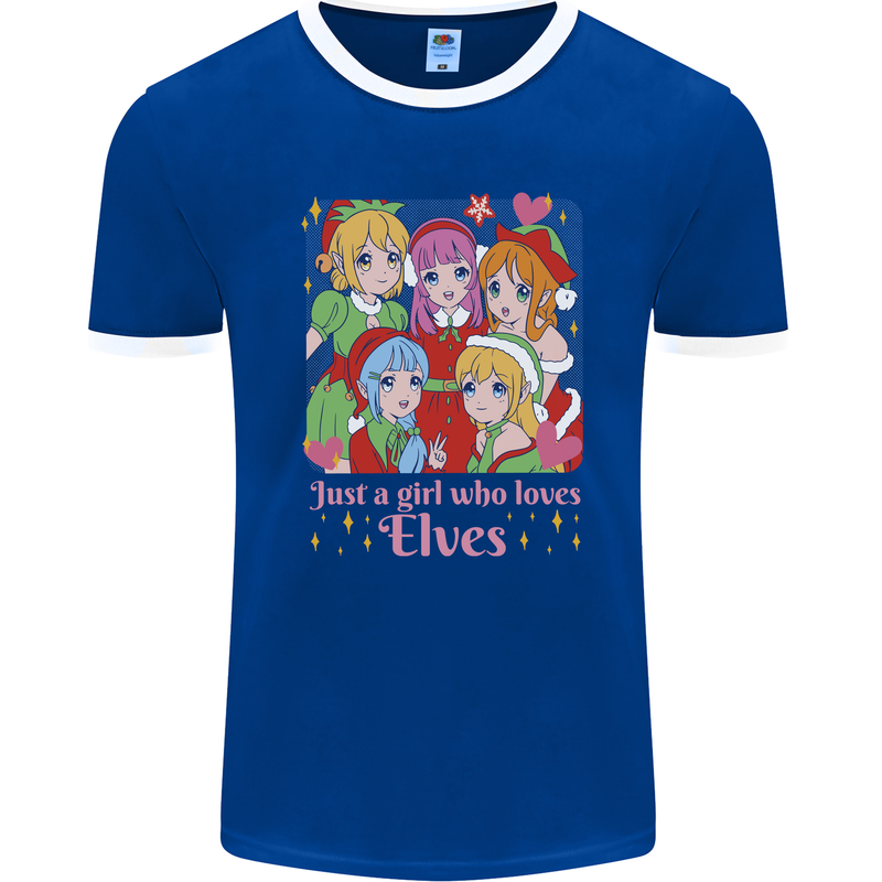 A Girl Who Loves Elves Christmas Anime Xmas Mens Ringer T-Shirt FotL Royal Blue/White