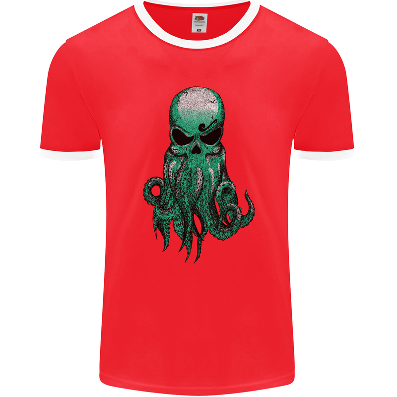 Cthulhu Green Kraken Octopus Skull Mens Ringer T-Shirt FotL Red/White