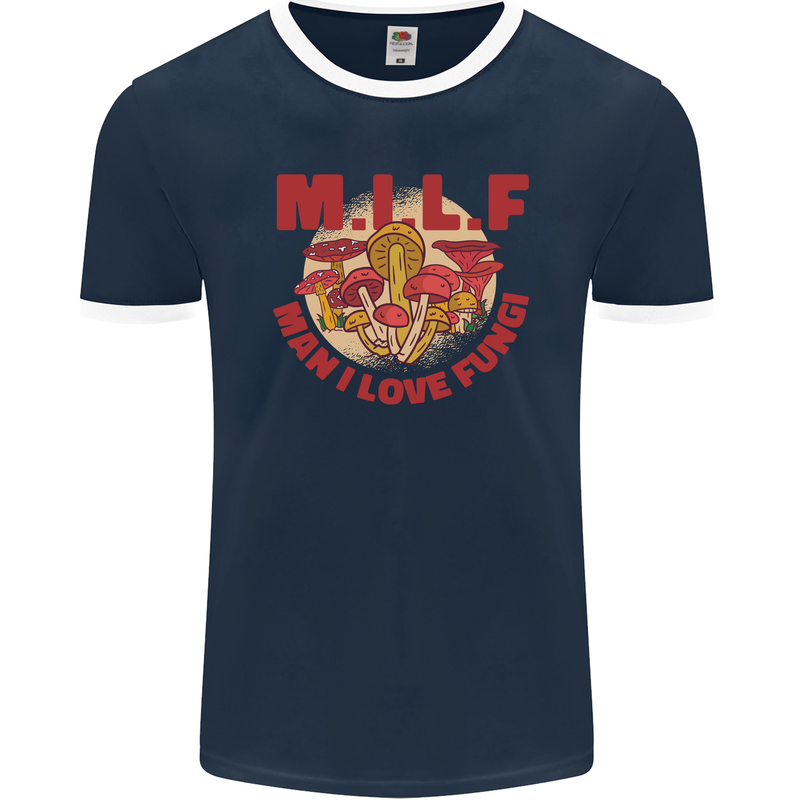 MILF Man I Love Fungi Mycology Foraging Mens Ringer T-Shirt FotL Navy Blue/White