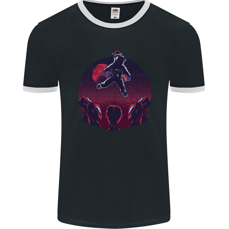 Astronaut Santa & Aliens Christmas Planets Xmas Mens Ringer T-Shirt FotL Black/White