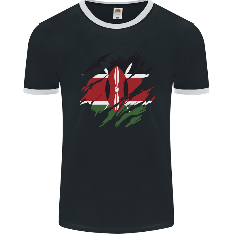 Torn Kenya Flag Kenyan Day Football Mens Ringer T-Shirt FotL Black/White