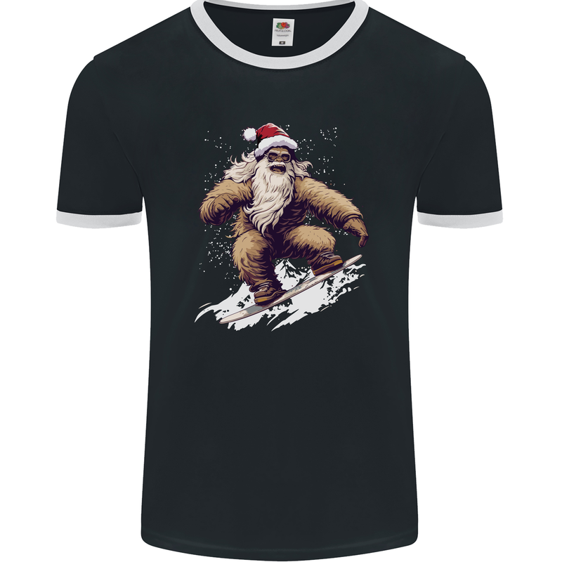 Snowboarding Yeti Christmas Bigfoot Xmas Funny Mens Ringer T-Shirt FotL Black/White