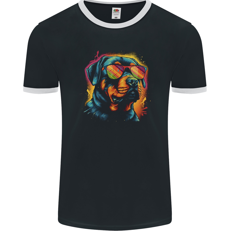 Retrowave Rottweiler Dog Mens Ringer T-Shirt FotL Black/White