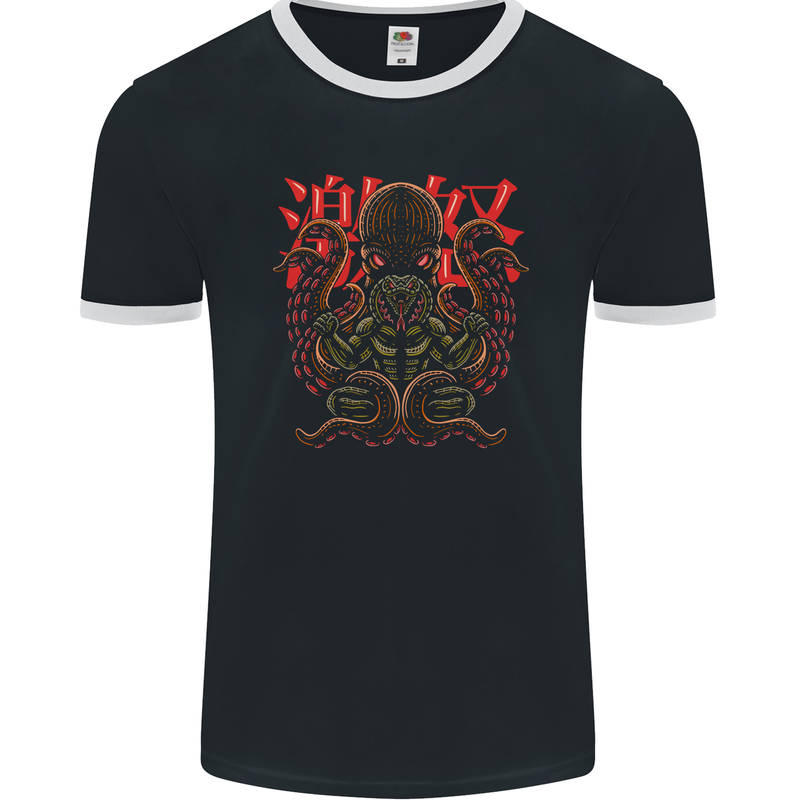 Cobra and Octopus Snake Japan Mens Ringer T-Shirt FotL Black/White