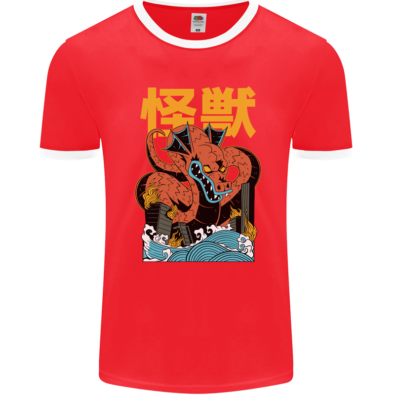 Kaiju Dragon King Ghidorah Japanese Monster Mens Ringer T-Shirt FotL Red/White