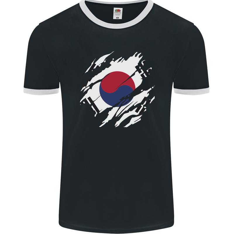 Torn South Korea Flag Korean Day Football Mens Ringer T-Shirt FotL Black/White