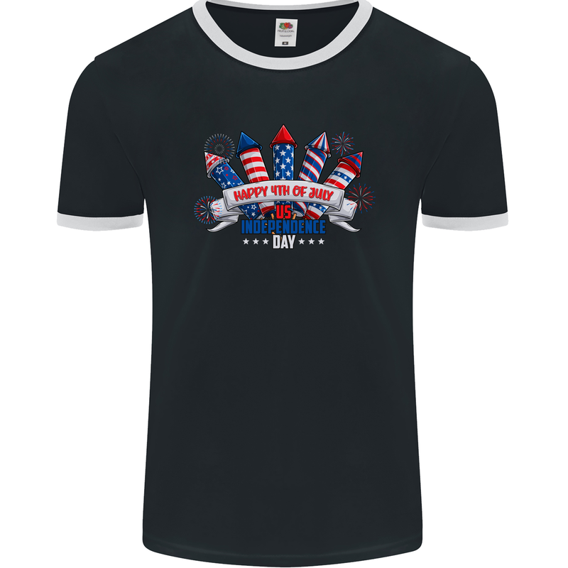 Happy 4th of July Fireworks Independence Day Mens Ringer T-Shirt FotL Black/White