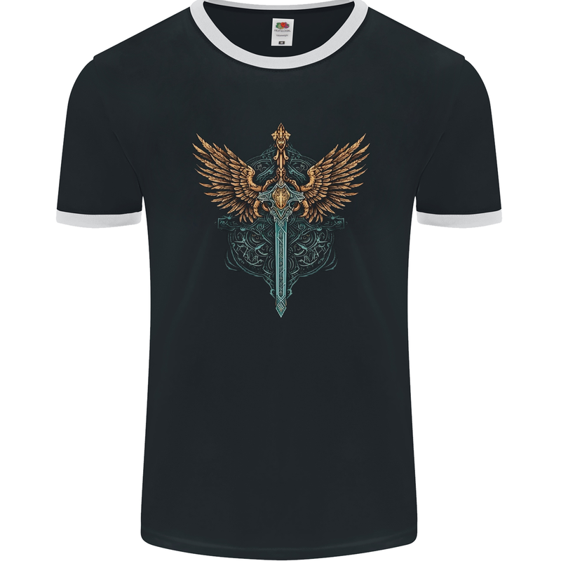 A Viking Sword With Wings Excalibur Tribal Mens Ringer T-Shirt FotL Black/White