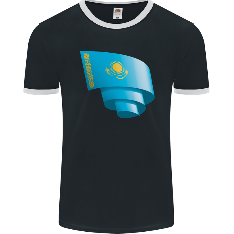 Curled Kazakhstan Flag Kazakh Day Football Mens Ringer T-Shirt FotL Black/White