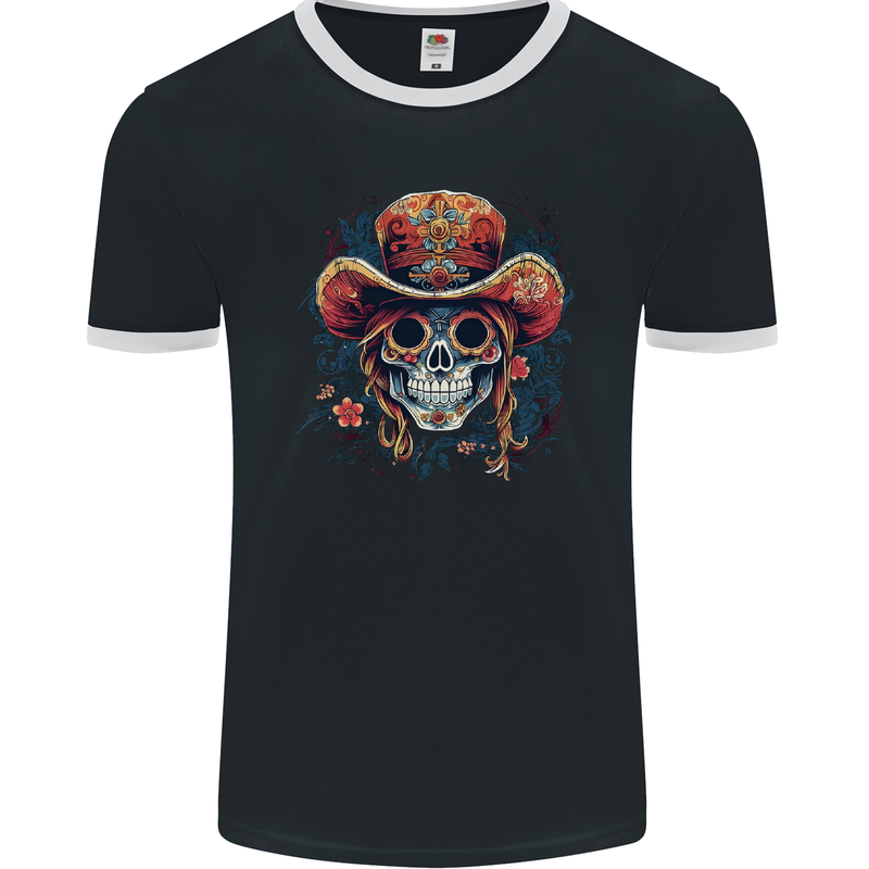 Pirate Sugar Skull Day of the Dead DOTD Mens Ringer T-Shirt FotL Black/White