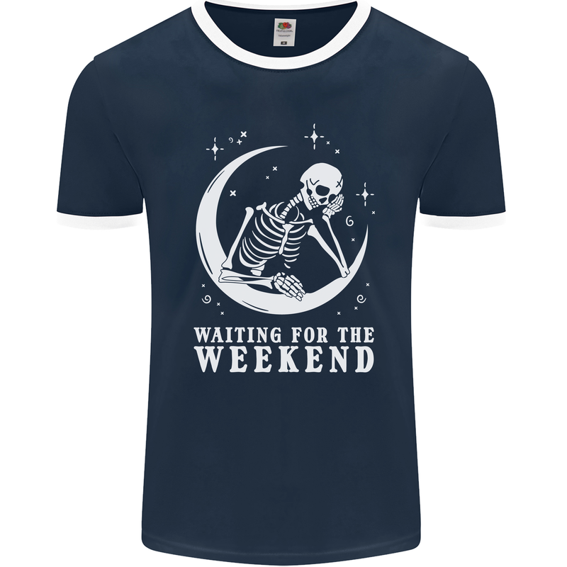 Skeleton Waiting For the Weekend Mens Ringer T-Shirt FotL Navy Blue/White