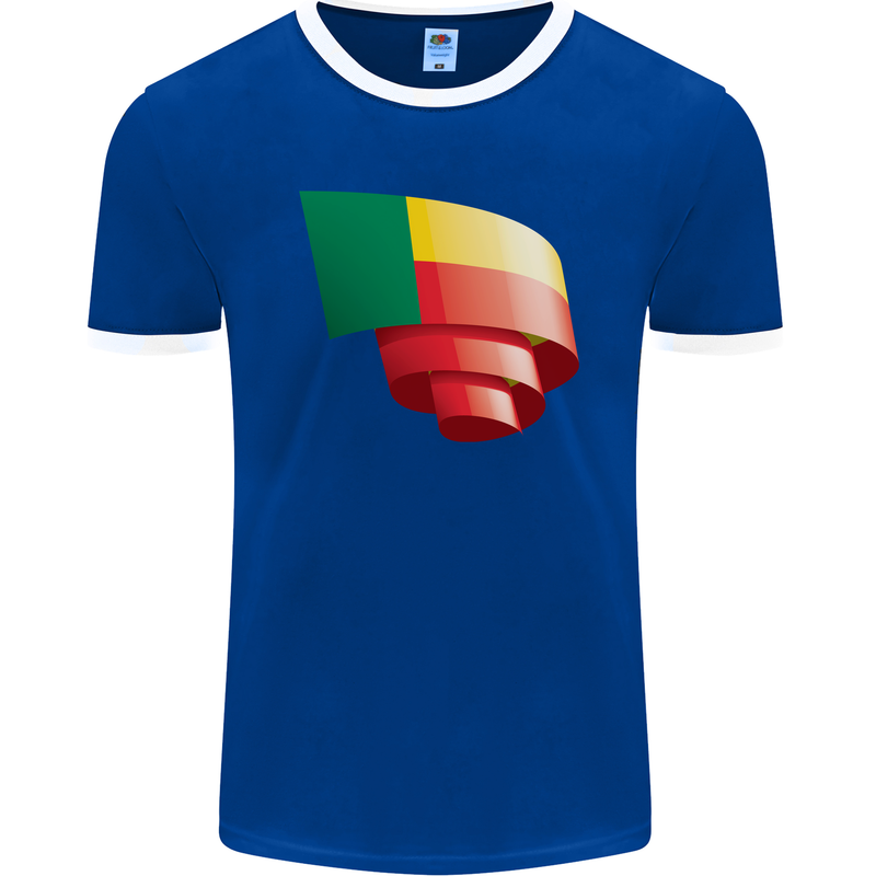 Curled Benin Flag Beninese Day Football Mens Ringer T-Shirt FotL Royal Blue/White