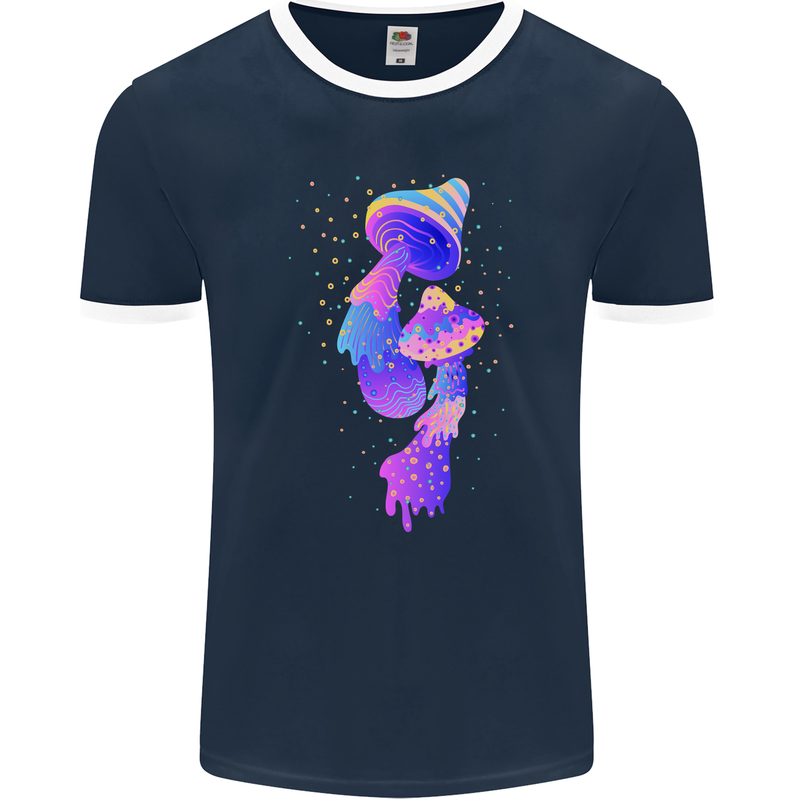Psychedelic Magic Mushrooms LSD Mens Ringer T-Shirt FotL Navy Blue/White