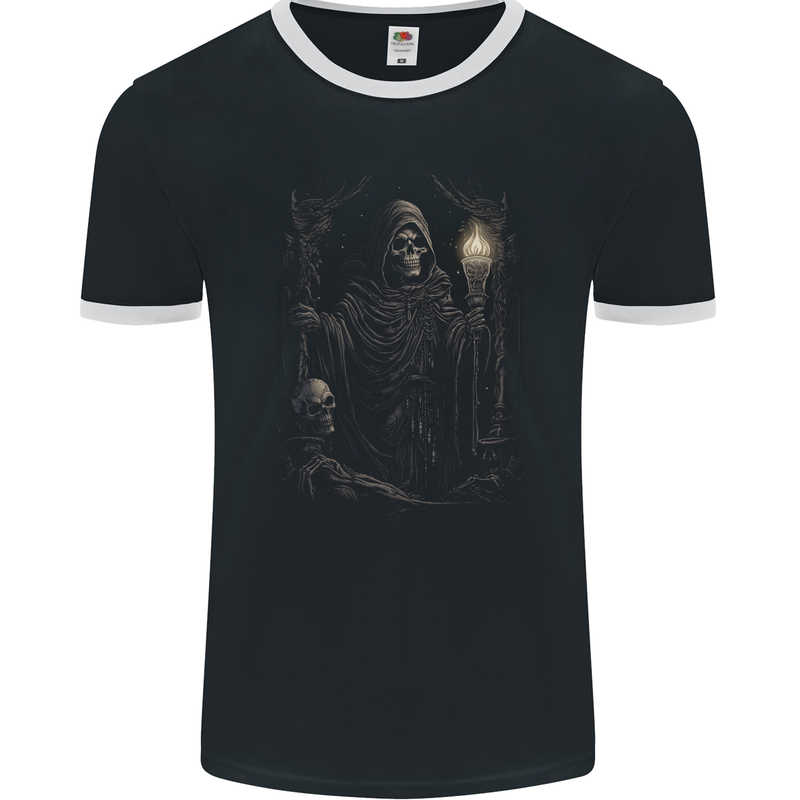 Gothic Grim Reaper Goth Heavy Metal Skull 5 Mens Ringer T-Shirt FotL Black/White