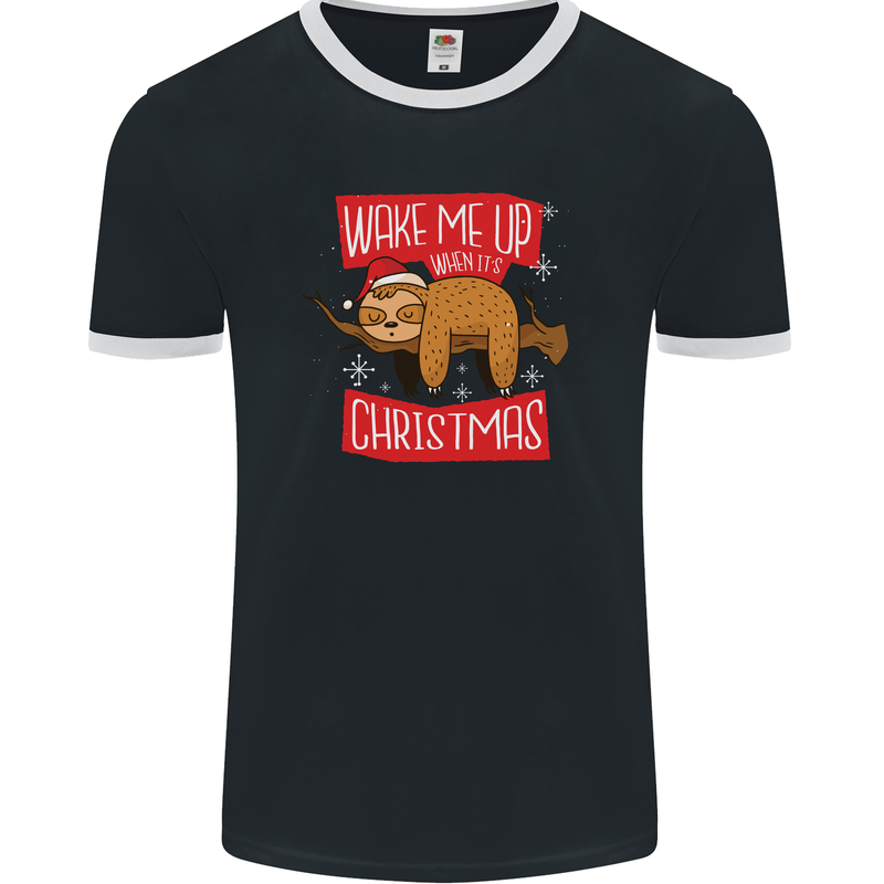 Wake Me Up When It's Christmas Funny Sloth Xmas Mens Ringer T-Shirt FotL Black/White