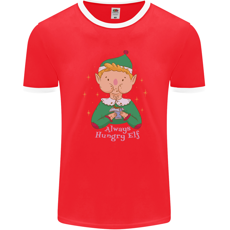 Always Hungry Elf Funny Christmas Food Xmas Mens Ringer T-Shirt FotL Red/White