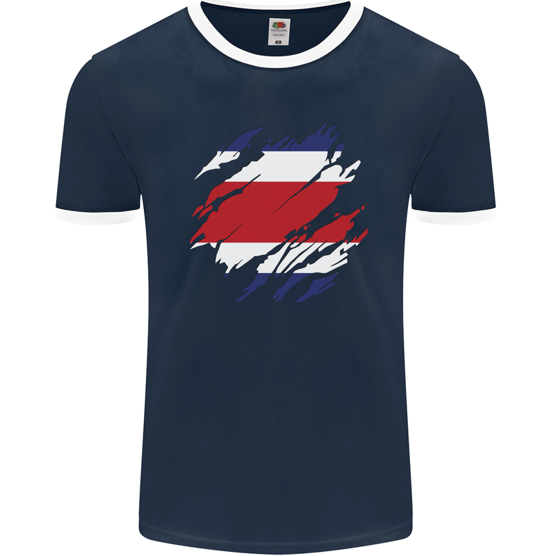 Torn Costa Rica Flag Rican Day Football Mens Ringer T-Shirt FotL Navy Blue/White