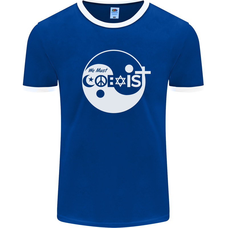We Must Coexist World Peace Love Religion Hippy Mens Ringer T-Shirt FotL Royal Blue/White