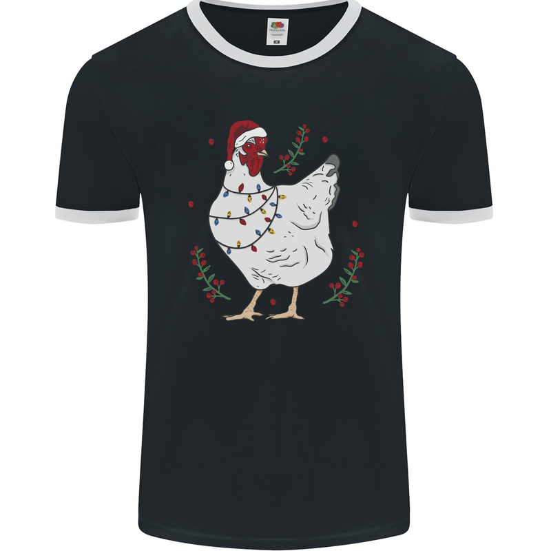 A Christmas Chicken Wearing an Xmas Hat Mens Ringer T-Shirt FotL Black/White