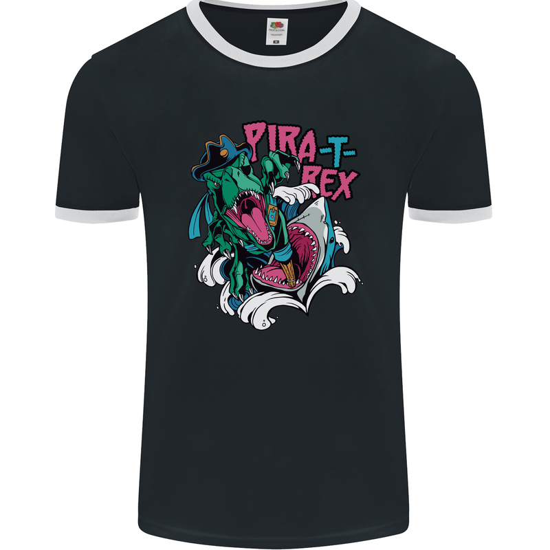 Pirate T-Rex Funny Dinosaur Mens Ringer T-Shirt FotL Black/White