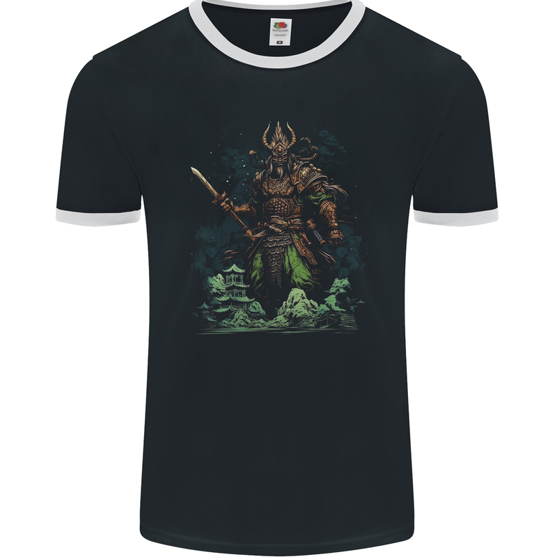 Guan Yu Chinese God of War Fantasy MMA Mens Ringer T-Shirt FotL Black/White
