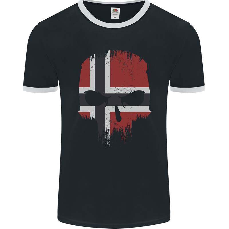 Norway Skull Flag Gym Bodybuilding Biker Mens Ringer T-Shirt FotL Black/White