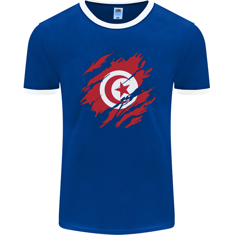 Torn Tunisia Flag Tunisian Day Football Mens Ringer T-Shirt FotL Royal Blue/White