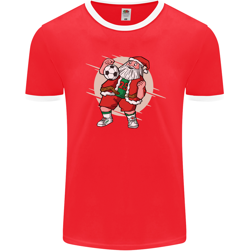 Football Santa Christmas Soccer Xmas Mens Ringer T-Shirt FotL Red/White