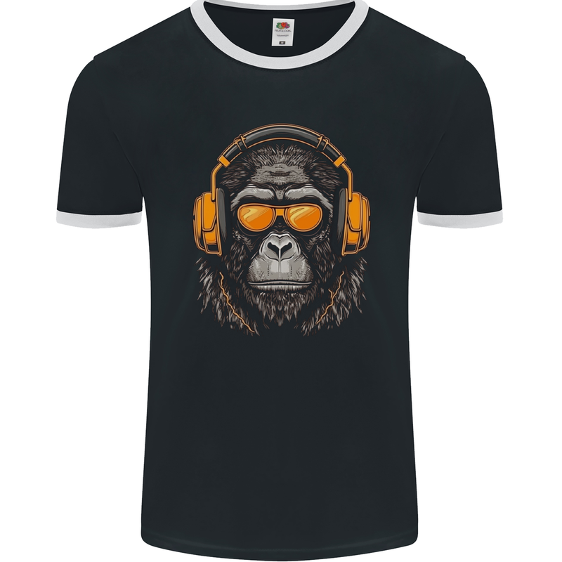 A Gorilla with Headphones Music DJ Mens Ringer T-Shirt FotL Black/White